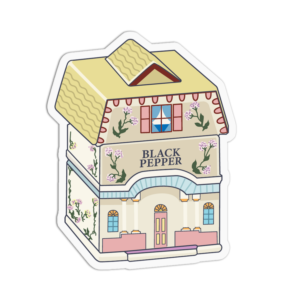 A die-cut sticker featuring a whimsical illustration of a Black Pepper brand house, styled like a vintage perfume bottle with a pitched roof, floral details, and pastel accents.