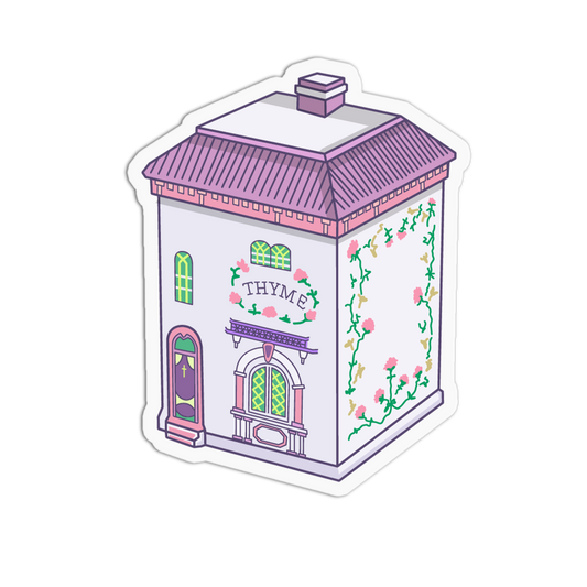 A die-cut sticker depicting a whimsical, two-story house illustration with pink trim, green vines, and the word 'THYME' on the facade, isolated on a white background.