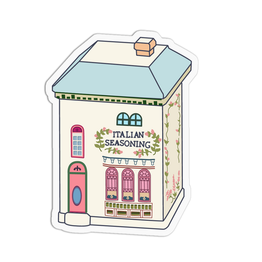 A die-cut sticker featuring a whimsical illustration of a small building labeled 'ITALIAN SEASONING' with pink windows, a green door, and floral details on a white background.
