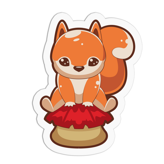 Sitting on Red Mushrooms Cute Squirrel Sticker
