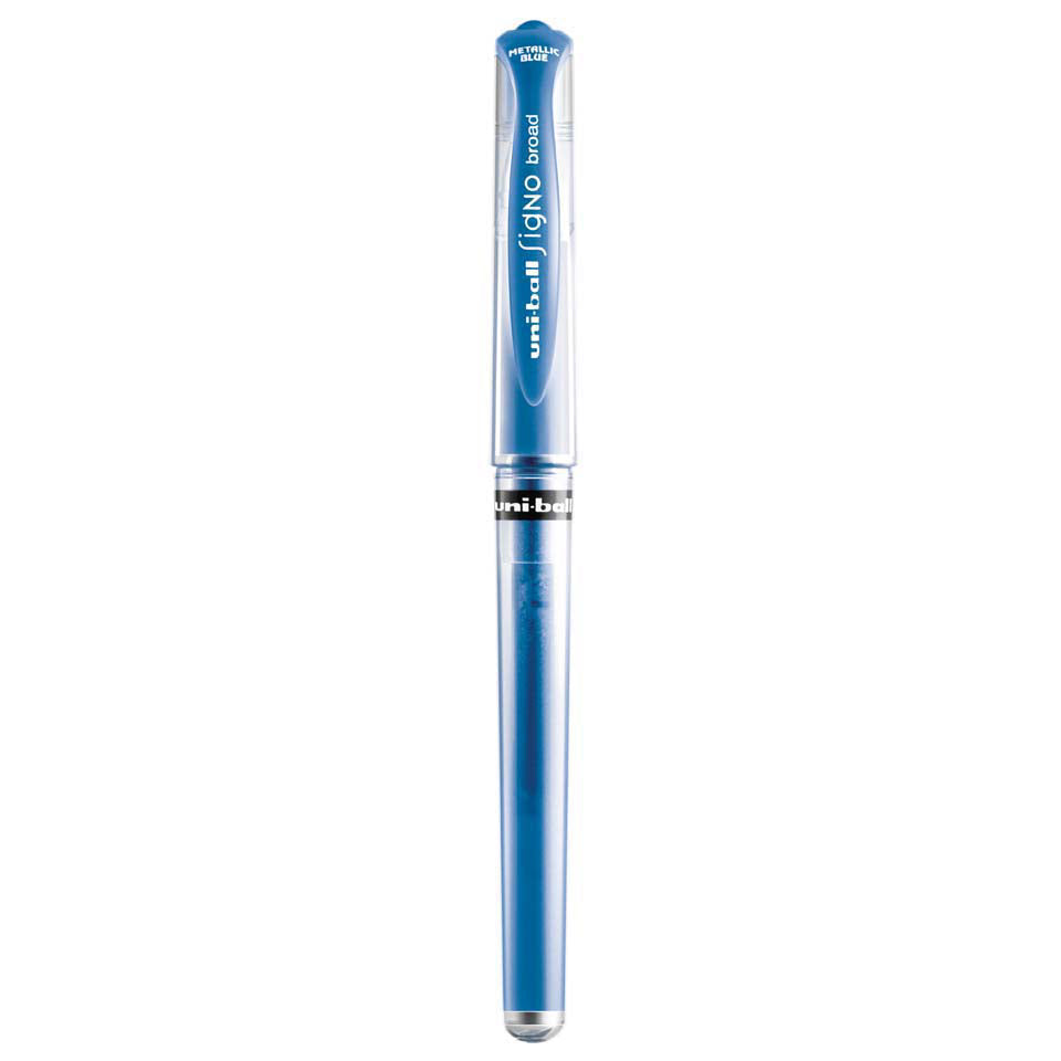 Blue Uniball Signo Broad pen on a white background