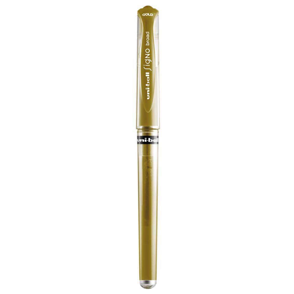 Gold uni-ball signo pen on a white background