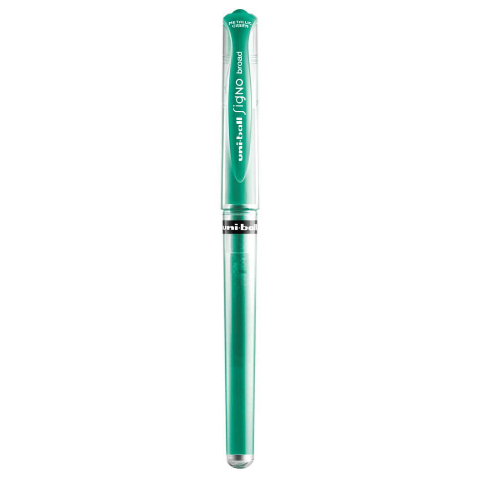Green Uniball Signo pen on a white background