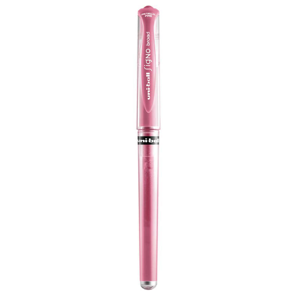 Pink Uniball Signo pen on a white background