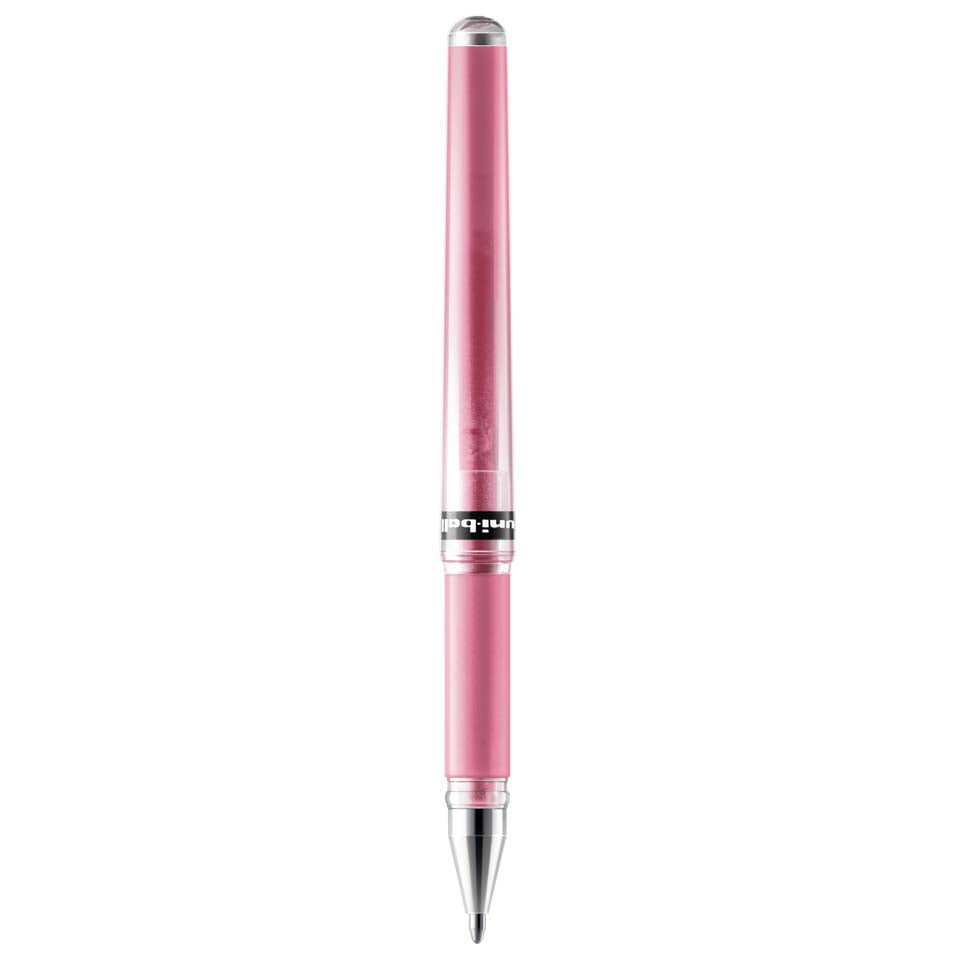 Pink pen with silver accents on a white background