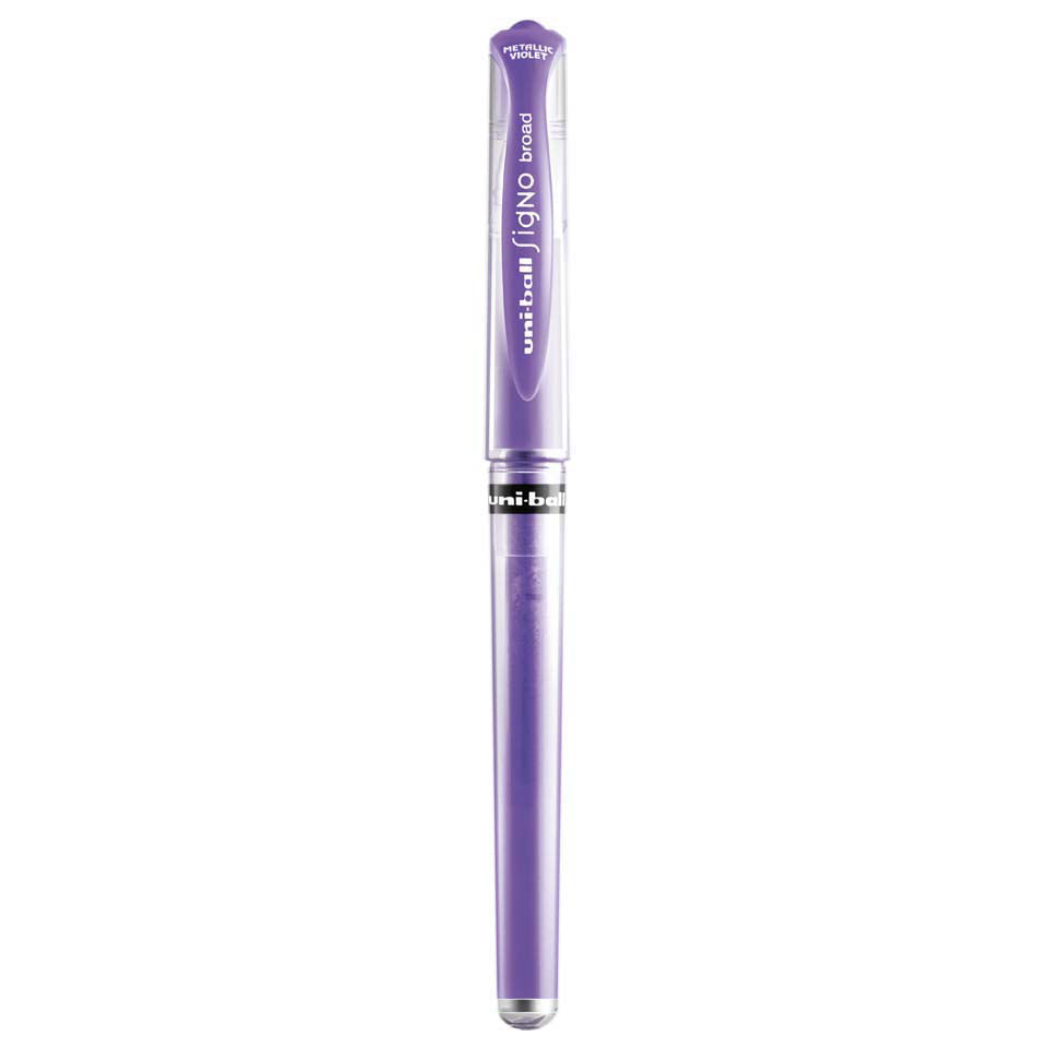 Purple Uniball Signo pen on a white background