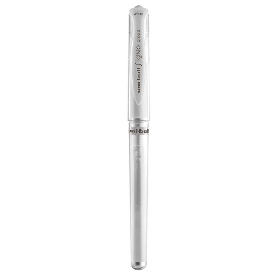Silver pen with 'uni-ball' branding on a white background