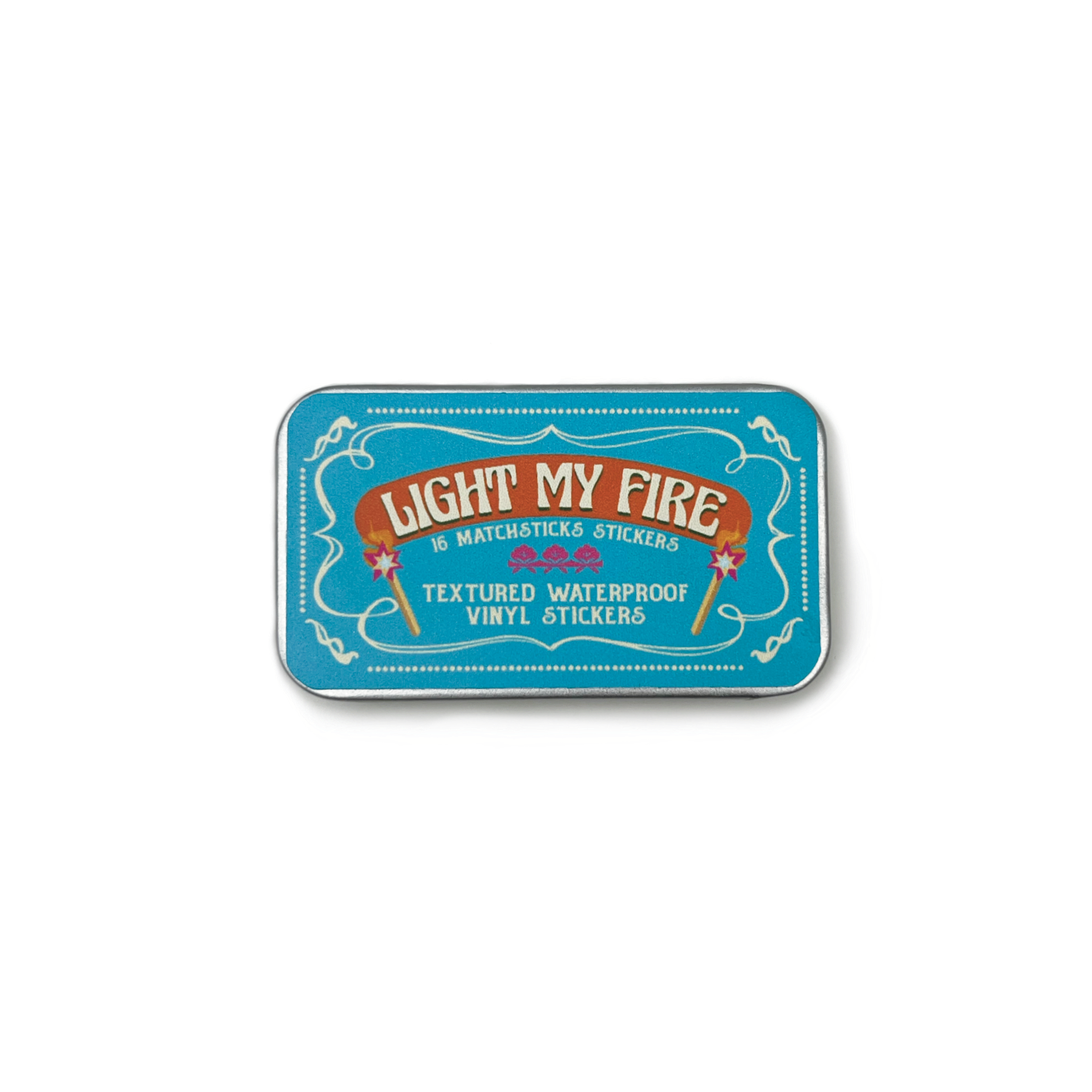 Matchbox-style packaging with 'Light My Fire' text on a white background