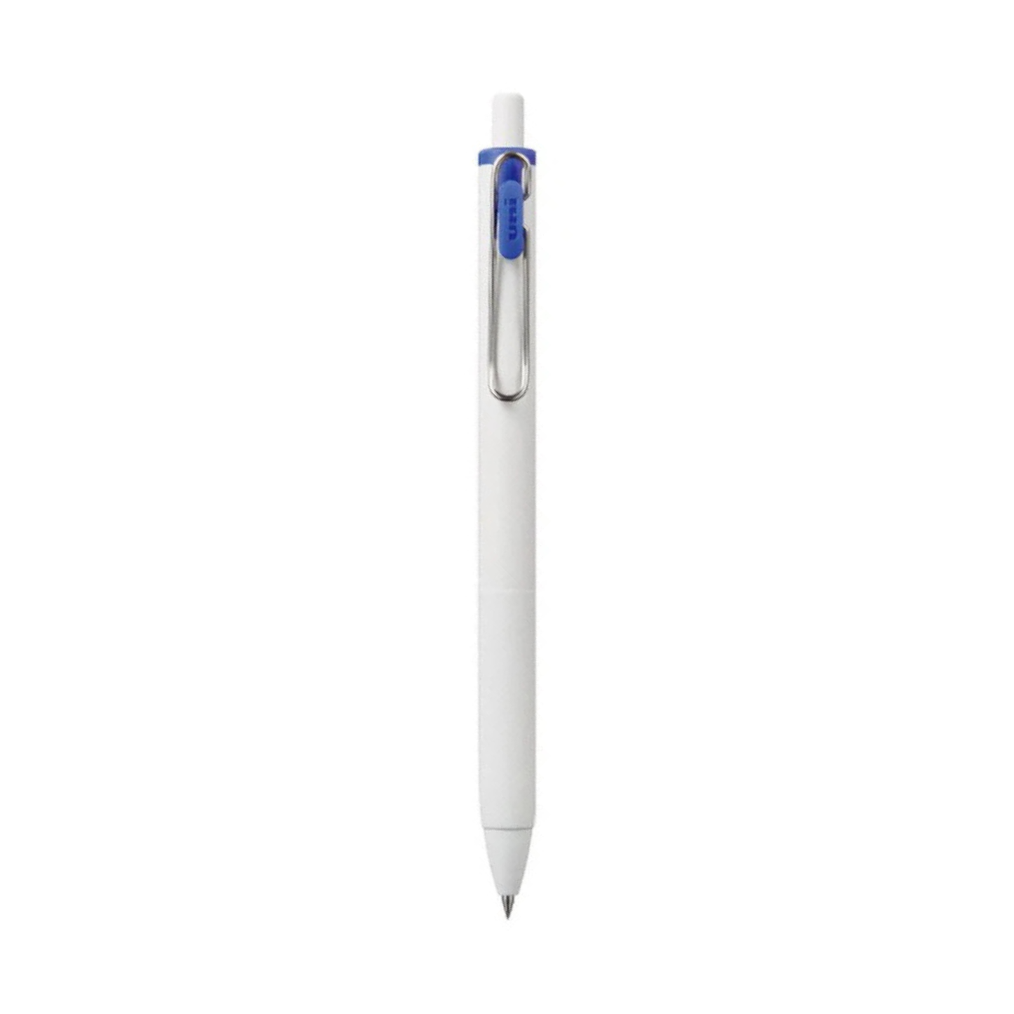 White pen with blue accents on a white background