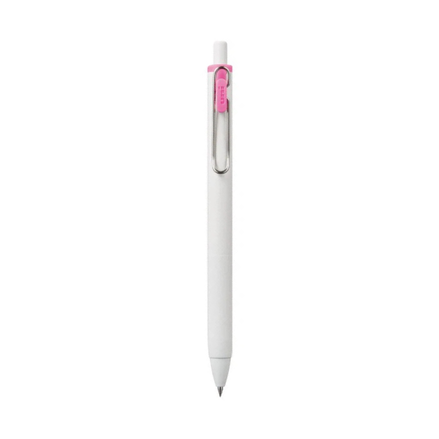 White pen with a pink clip on a white background