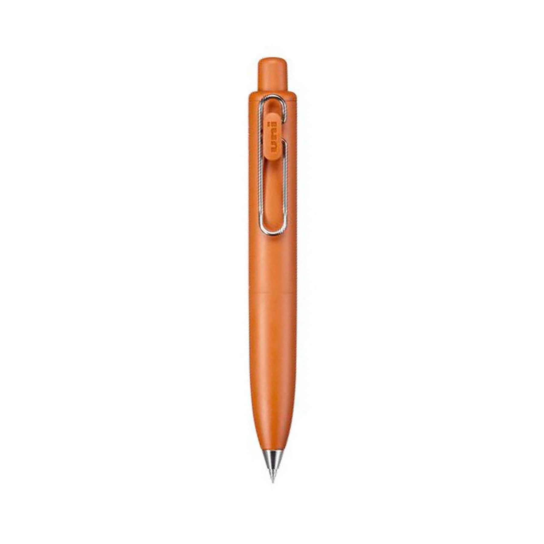 Orange pen with a metallic clip on a white background