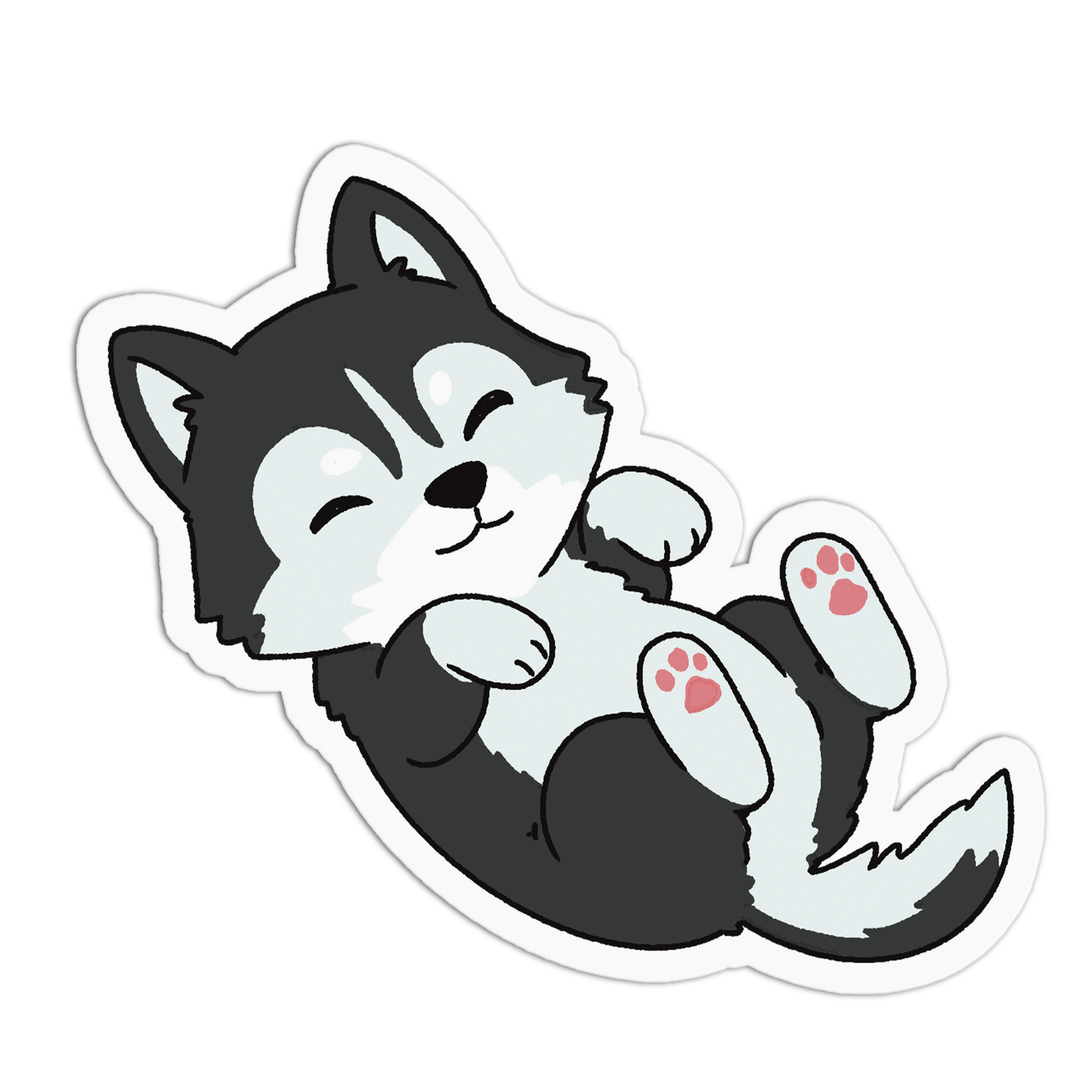 Cartoon husky puppy lying on its back with a happy expression on a white background