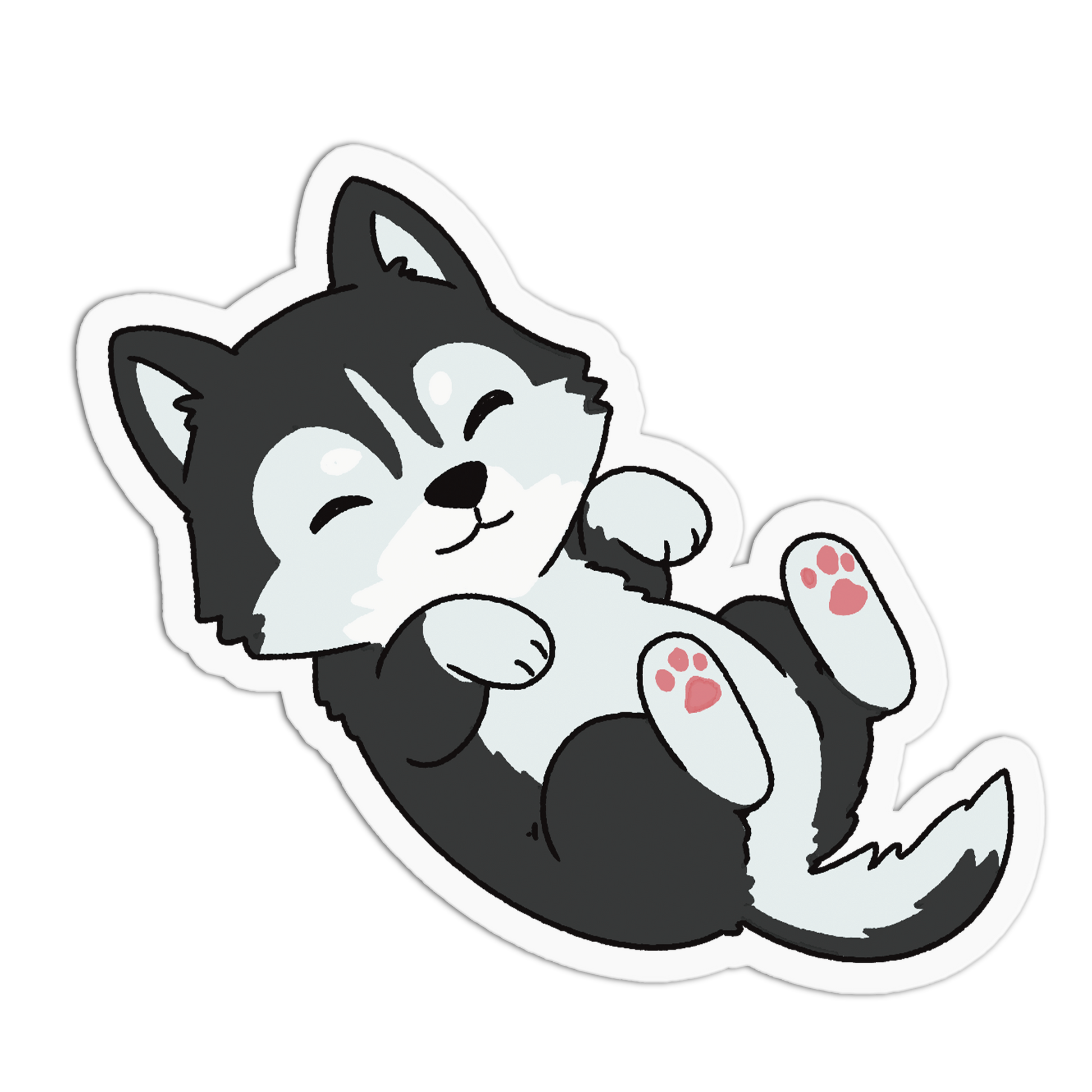 Cartoon husky puppy lying on its back with a happy expression on a white background