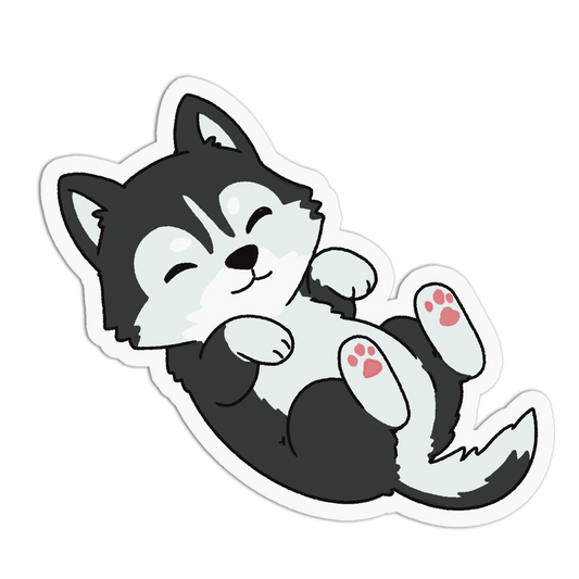 Cartoon husky puppy lying on its back with a happy expression on a white background