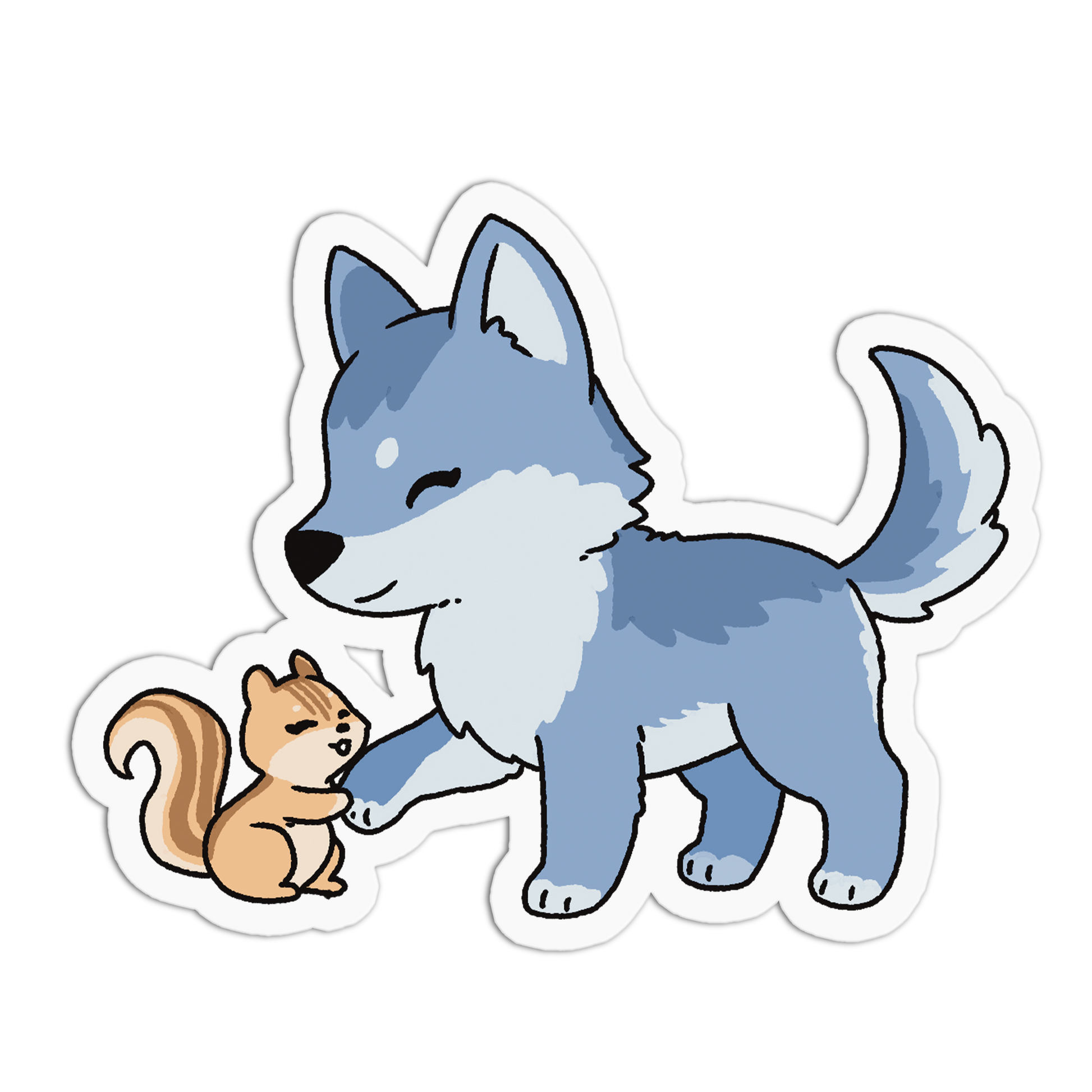 Cartoon blue wolf and brown squirrel interacting on a white background