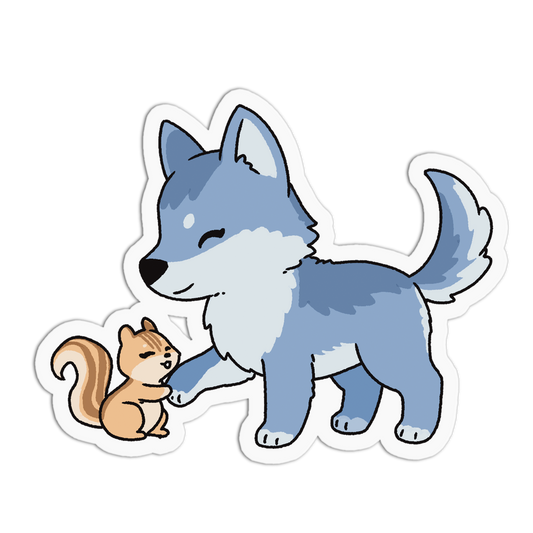 Cartoon blue wolf and brown squirrel interacting on a white background