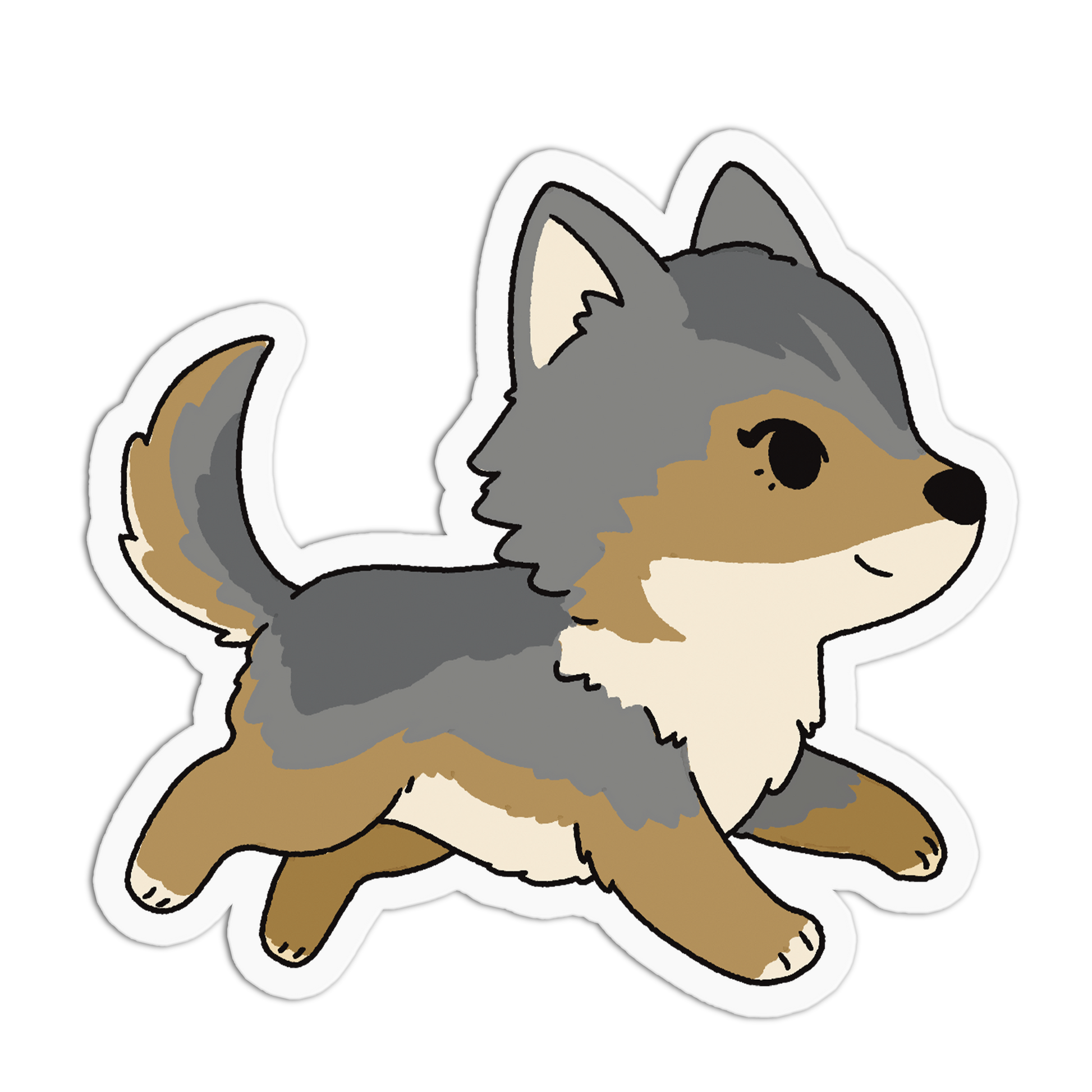Illustration of a cartoon dog with gray and brown fur on a white background