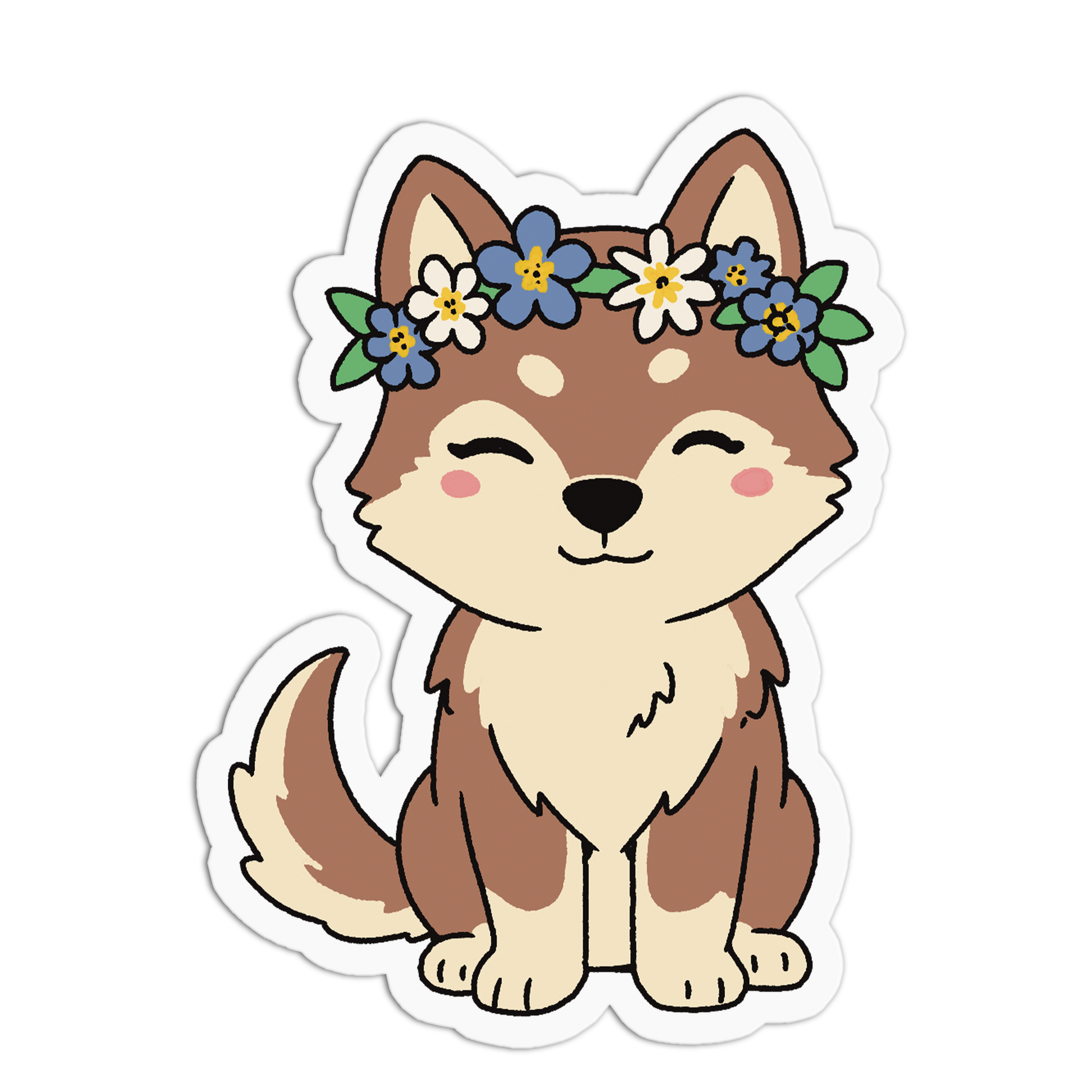 Cartoon dog with a flower crown on a white background