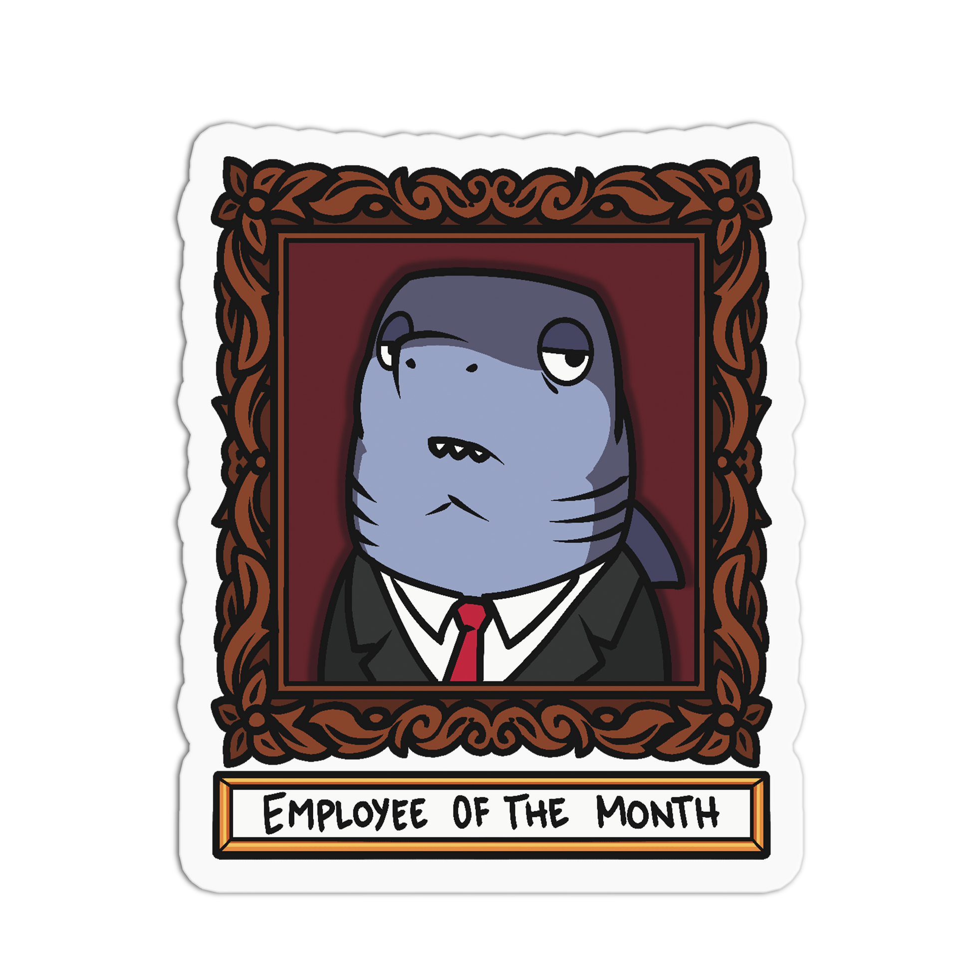 A die-cut sticker featuring a cartoon shark dressed in a black suit and red tie, framed inside an ornate brown picture frame. Below the frame, a white banner reads 'EMPLOYEE OF THE MONTH'.