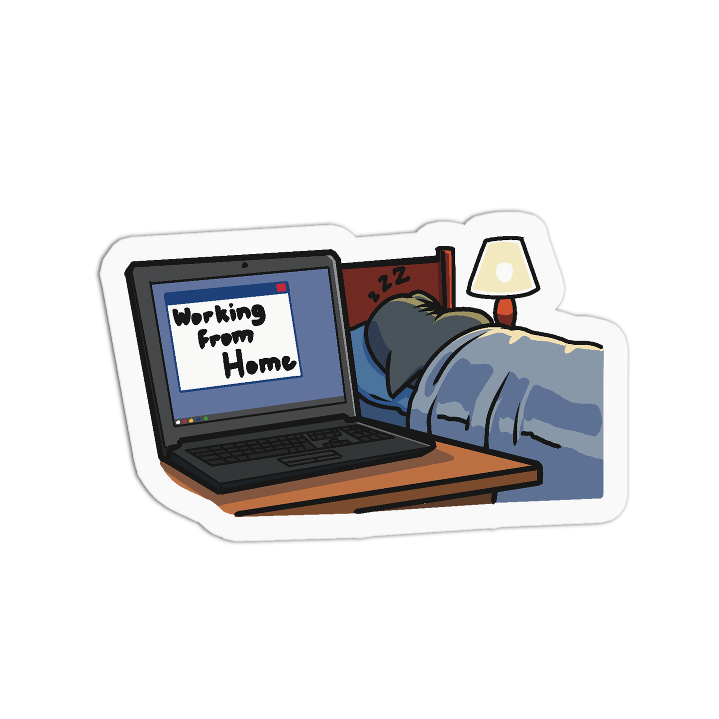 A die-cut sticker featuring an illustration of a person sleeping in bed while a laptop on a desk displays the text 'Working From Home' on its screen.