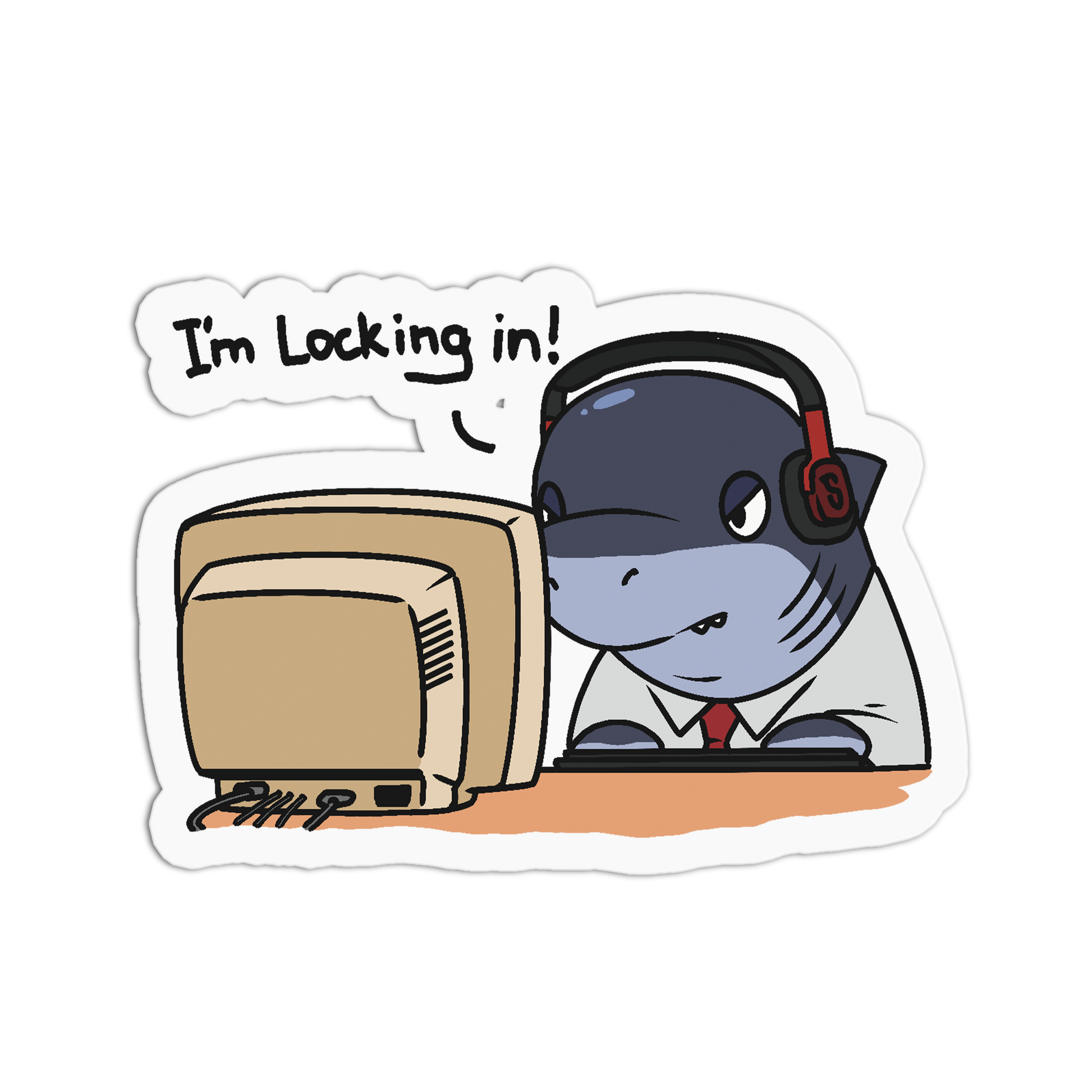 A die-cut cartoon sticker showing a gray shark wearing headphones and a white shirt with a red tie, looking at a beige computer monitor. A speech bubble above says, "I'm Locking in!" on a plain white background.