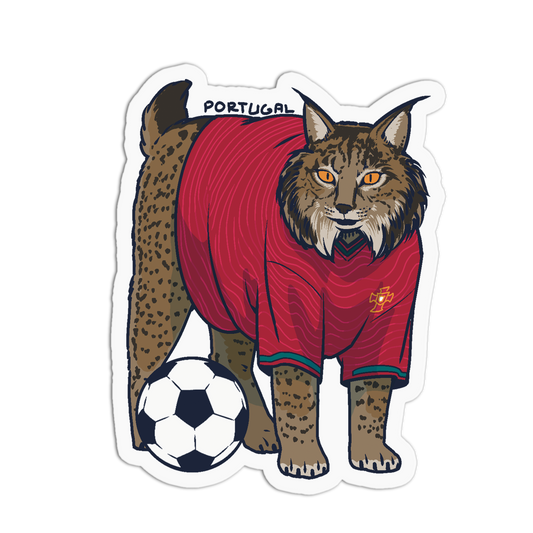 A die-cut sticker featuring an illustrated lynx wearing a red Portugal soccer jersey and standing next to a black-and-white soccer ball, with the word "PORTUGAL" above.