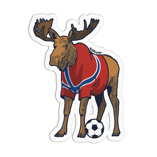 A die-cut sticker featuring a cartoon moose wearing a red, white, and blue Norway jersey with a soccer ball at its feet, shown on a plain white background.