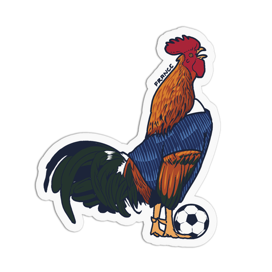 A die-cut sticker featuring a stylized rooster wearing a blue jersey with the word 'FRANCE' printed on its neck, standing next to a black-and-white soccer ball on a plain white background.