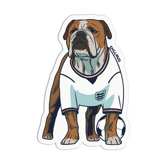 A die-cut sticker featuring an illustrated bulldog wearing an England soccer jersey and standing next to a soccer ball, shown on a plain white background.