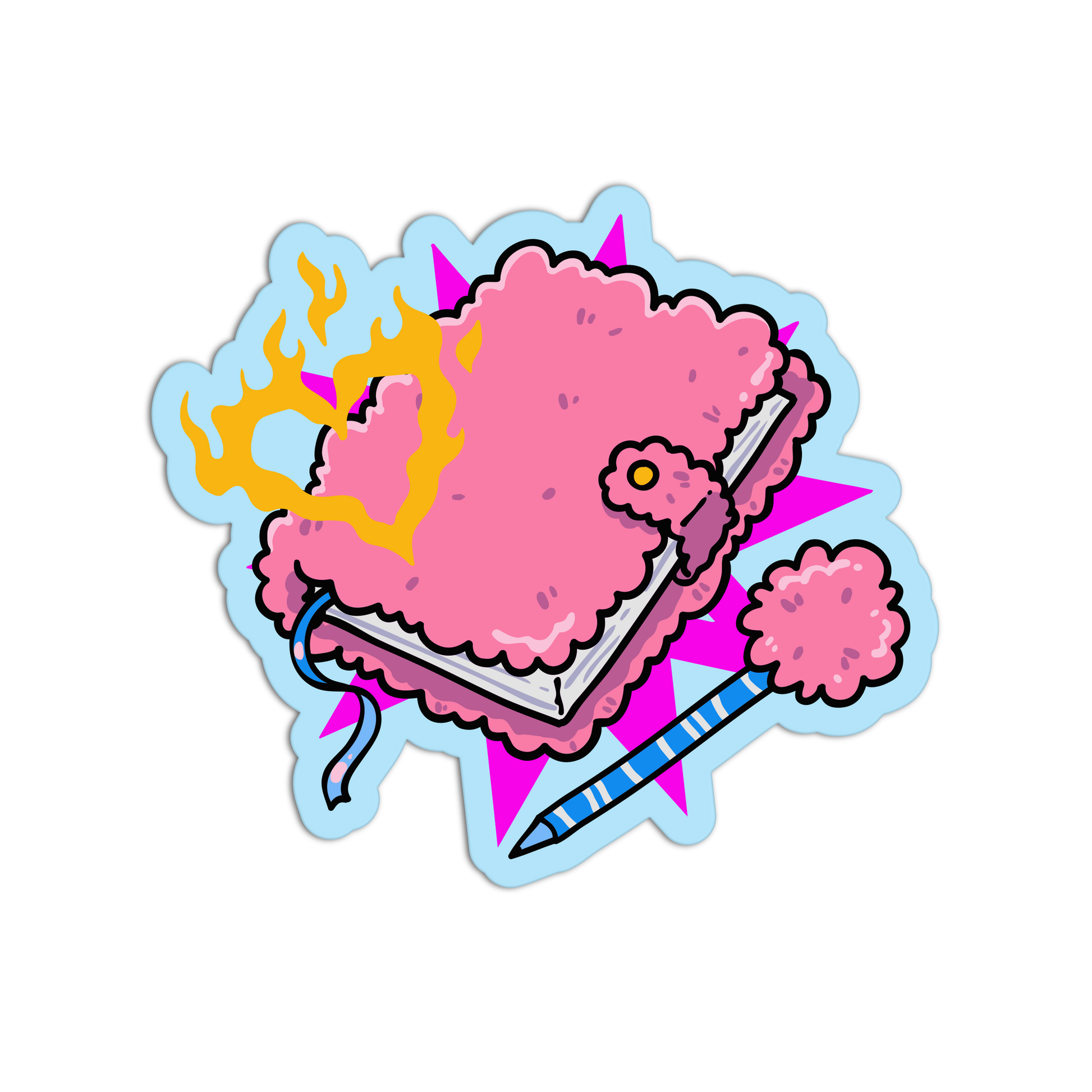 A die-cut sticker featuring a whimsical illustration of a pink fluffy notebook or book with yellow-orange flames on the left, a small pink flower clasp, a blue-and-white striped pencil, and pink pom-pom accents on a light blue and pink background.