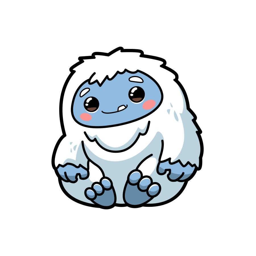 Cartoon-like yeti character with blue face and white fur on a white background