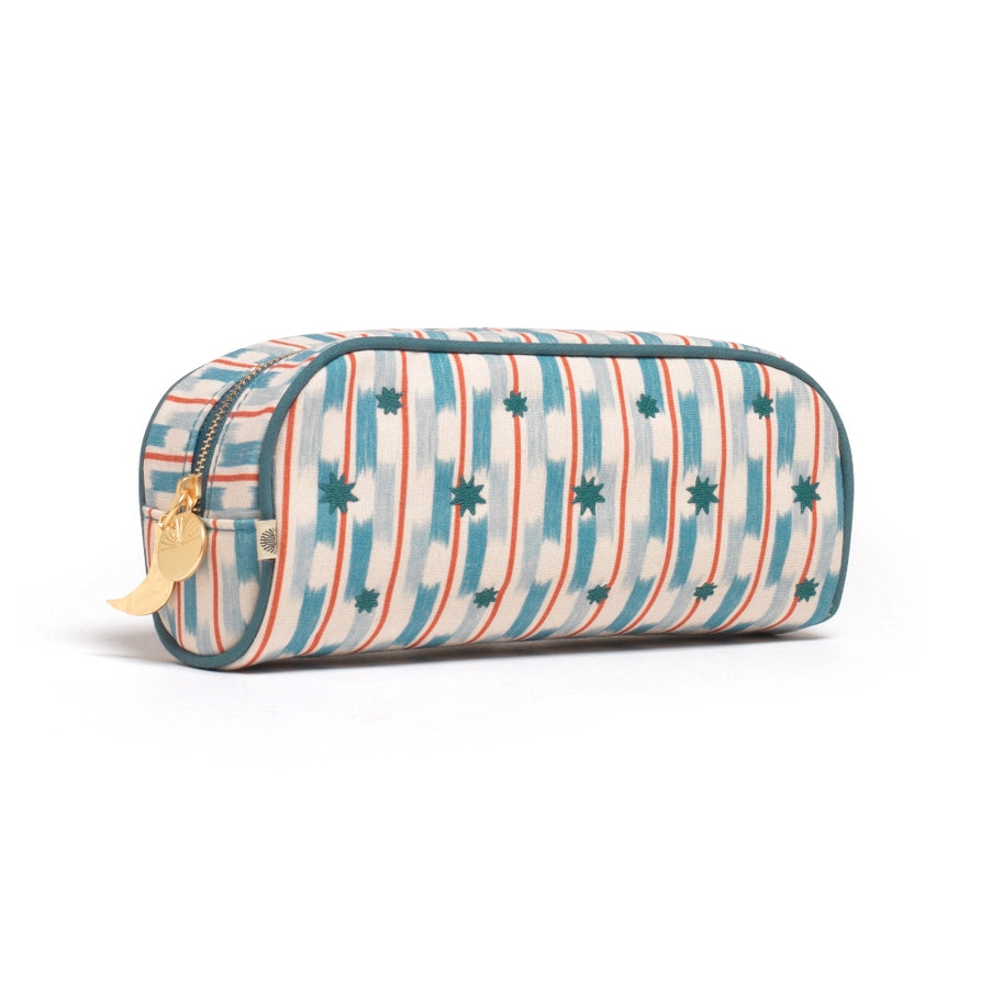 Pencil case with striped pattern on a white background