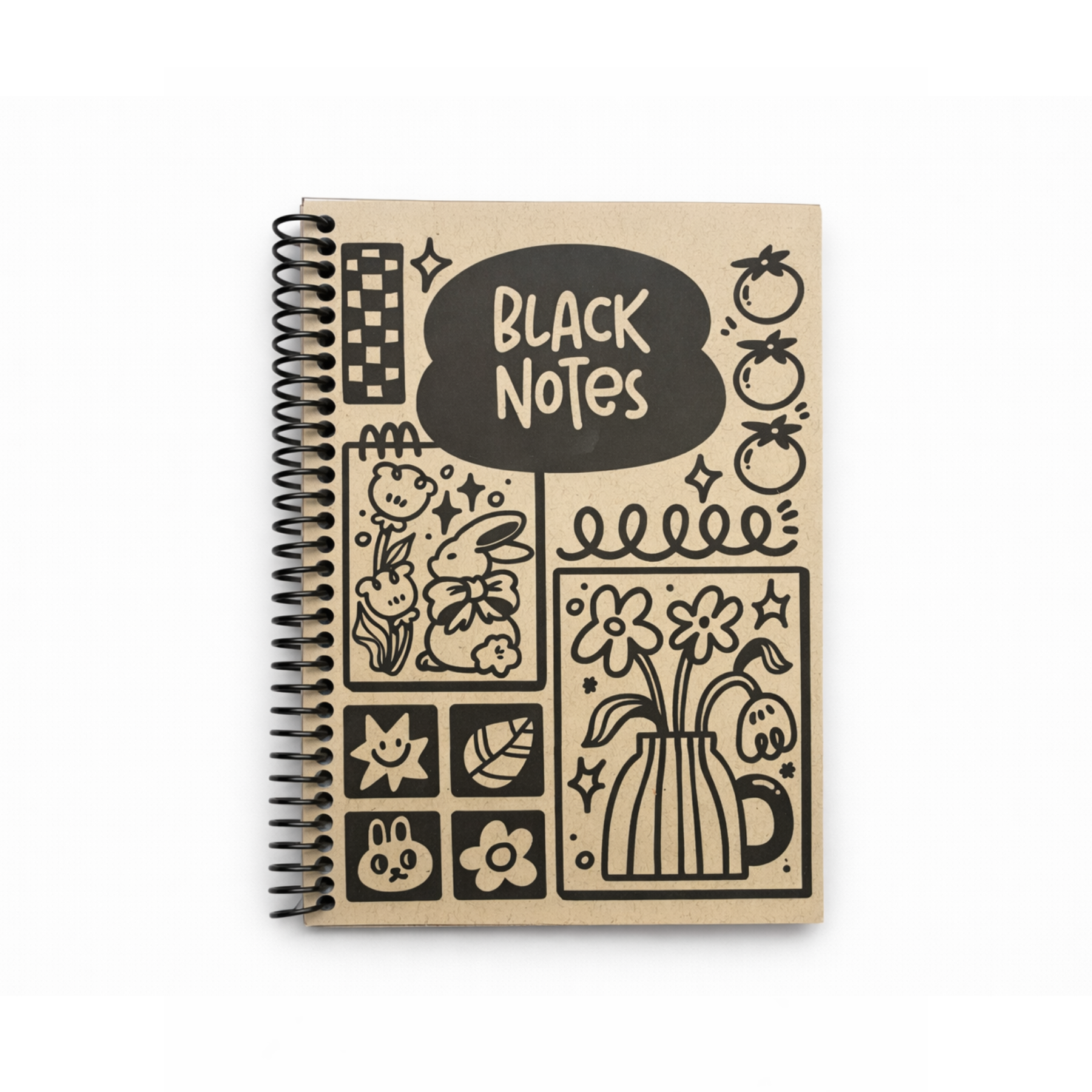 Notebook with black illustrations and 'Black Notes' text on a white background
