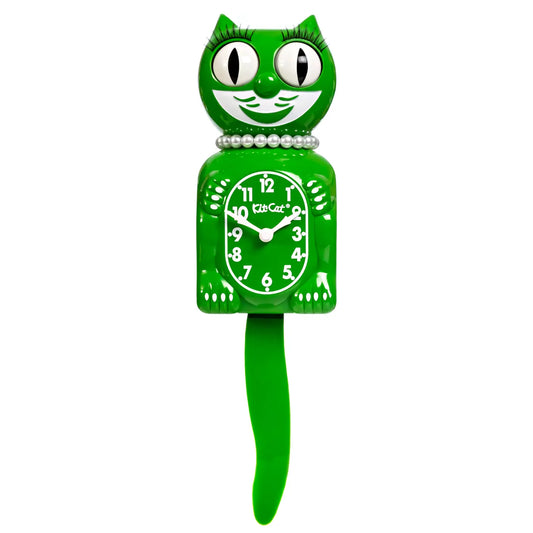 Green cat-shaped clock with a white face on a white background