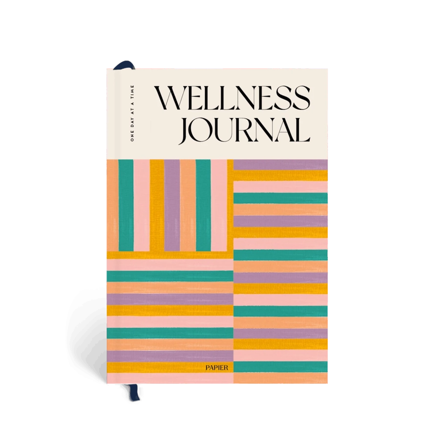 Wellness journal with colorful striped design on a white background