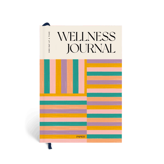 Wellness journal with colorful striped design on a white background