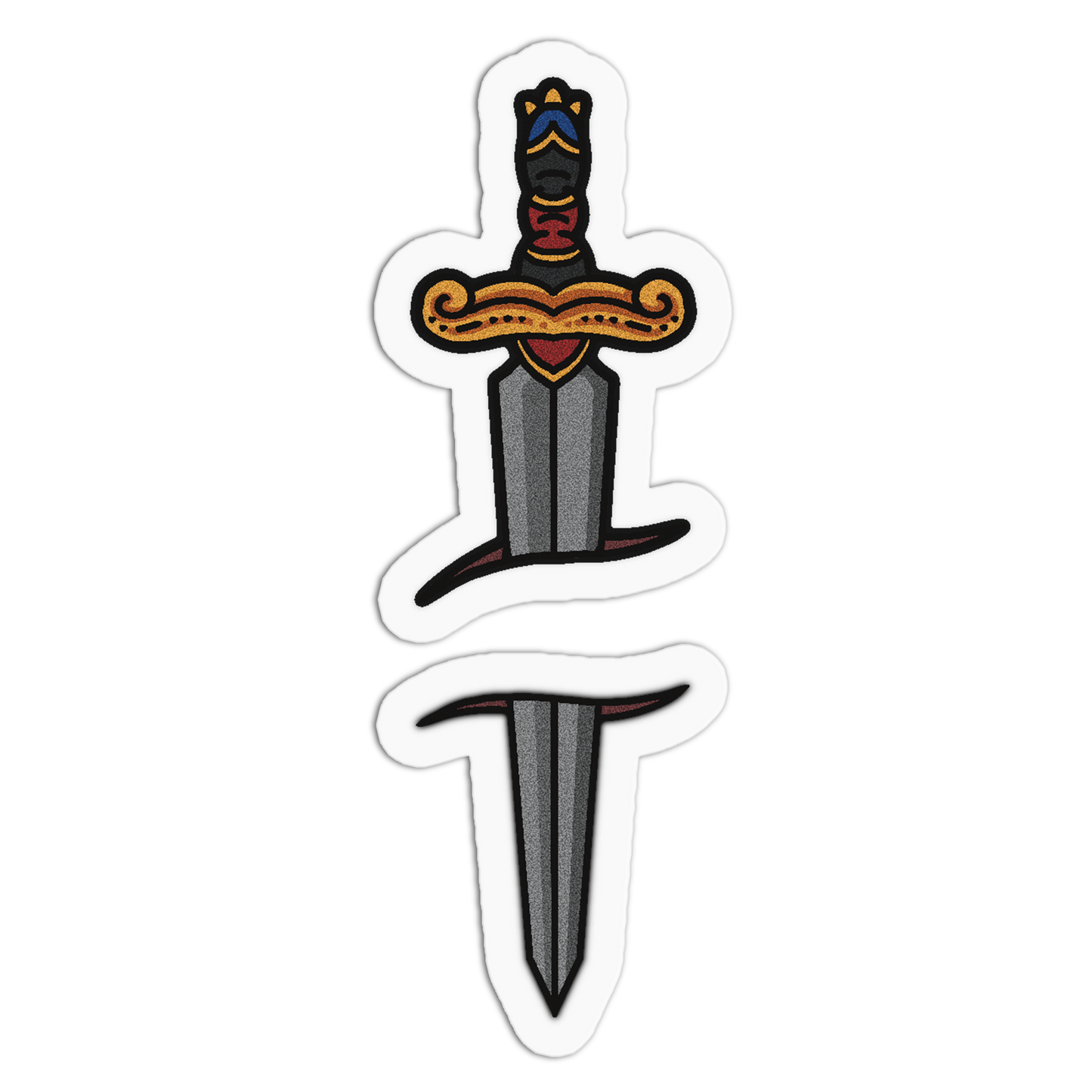 A die-cut sticker featuring an embroidered-style illustration of a medieval sword with a gray blade, gold and red hilt, and black details, shown on a plain white background.