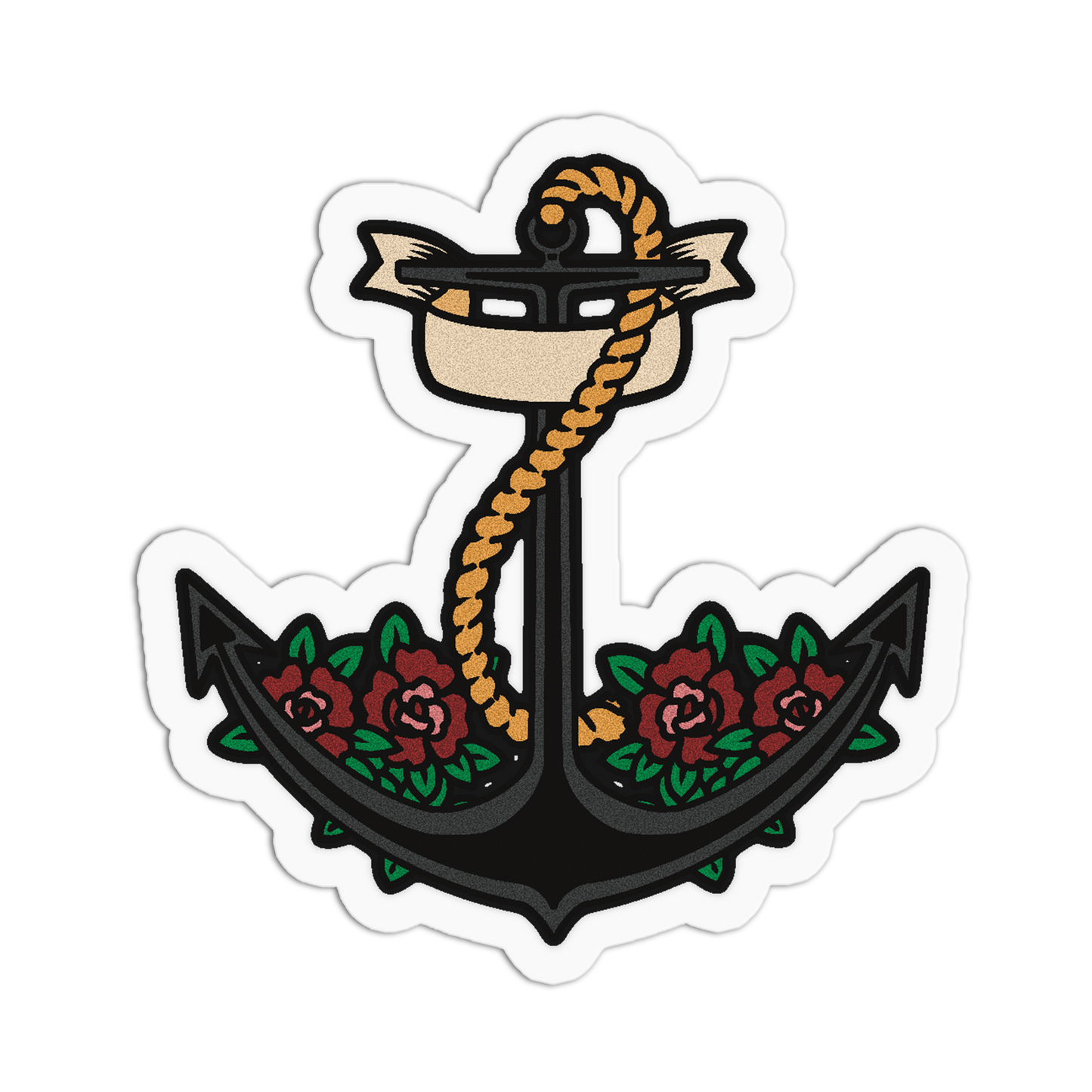 A die-cut sticker featuring a black anchor with a gold rope, green leaves, and red roses, shown on a plain white background.