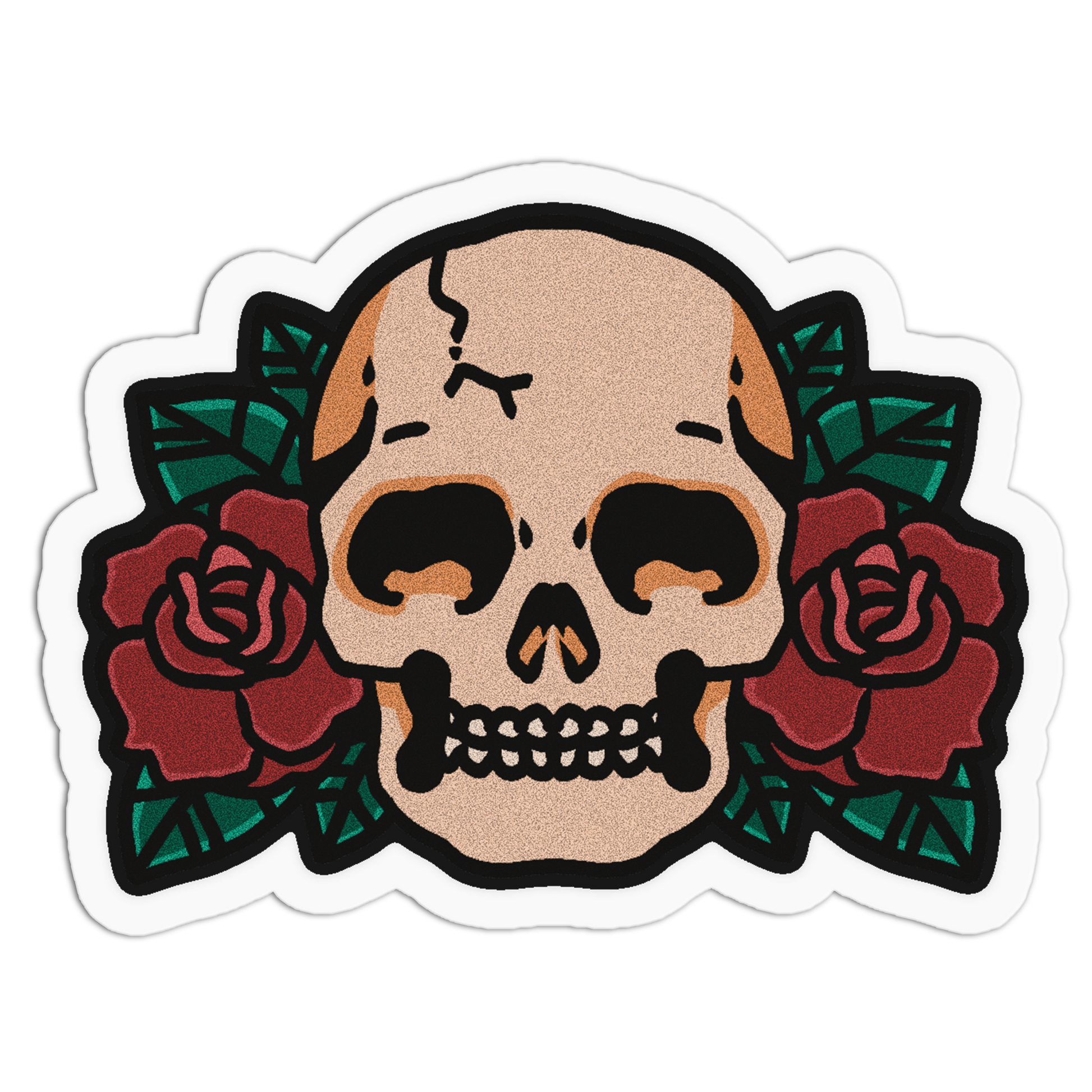 A die-cut sticker featuring a traditional tattoo-style skull centered between two red roses with green leaves, outlined in black and shown on a white background.