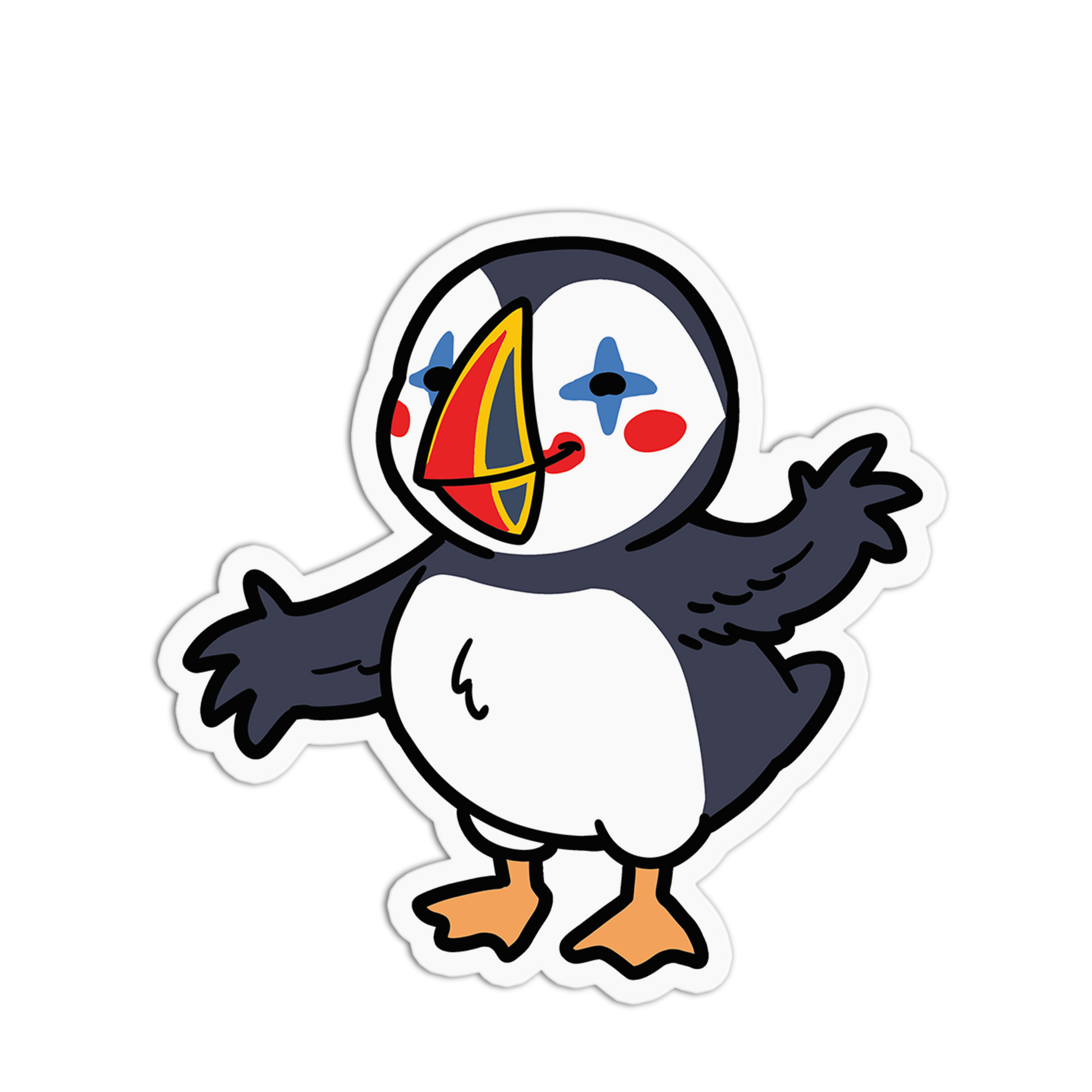 Cartoon penguin with colorful face on a white background