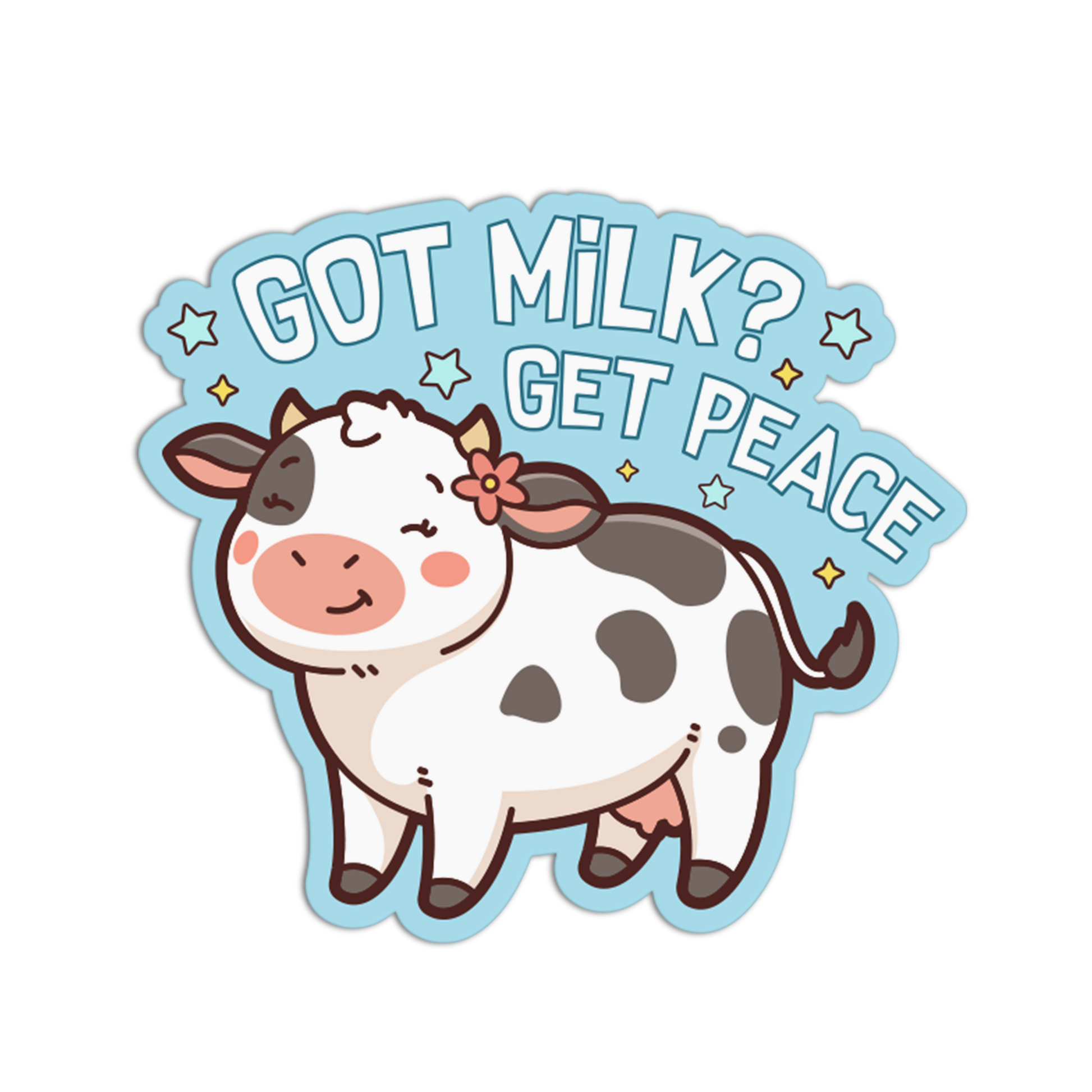 Cartoon cow with a flower on its head and 'GOT MILK? GET PEACE' text on a light blue background