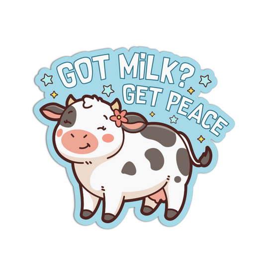 Cartoon cow with a flower on its head and 'GOT MILK? GET PEACE' text on a light blue background
