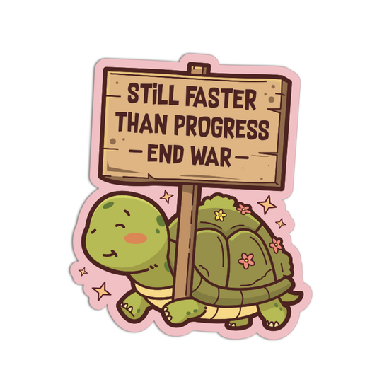Cartoon turtle holding a sign with text on a white background