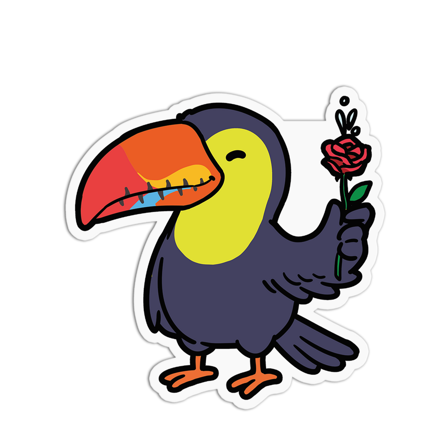 Cartoon toucan holding a rose on a white background