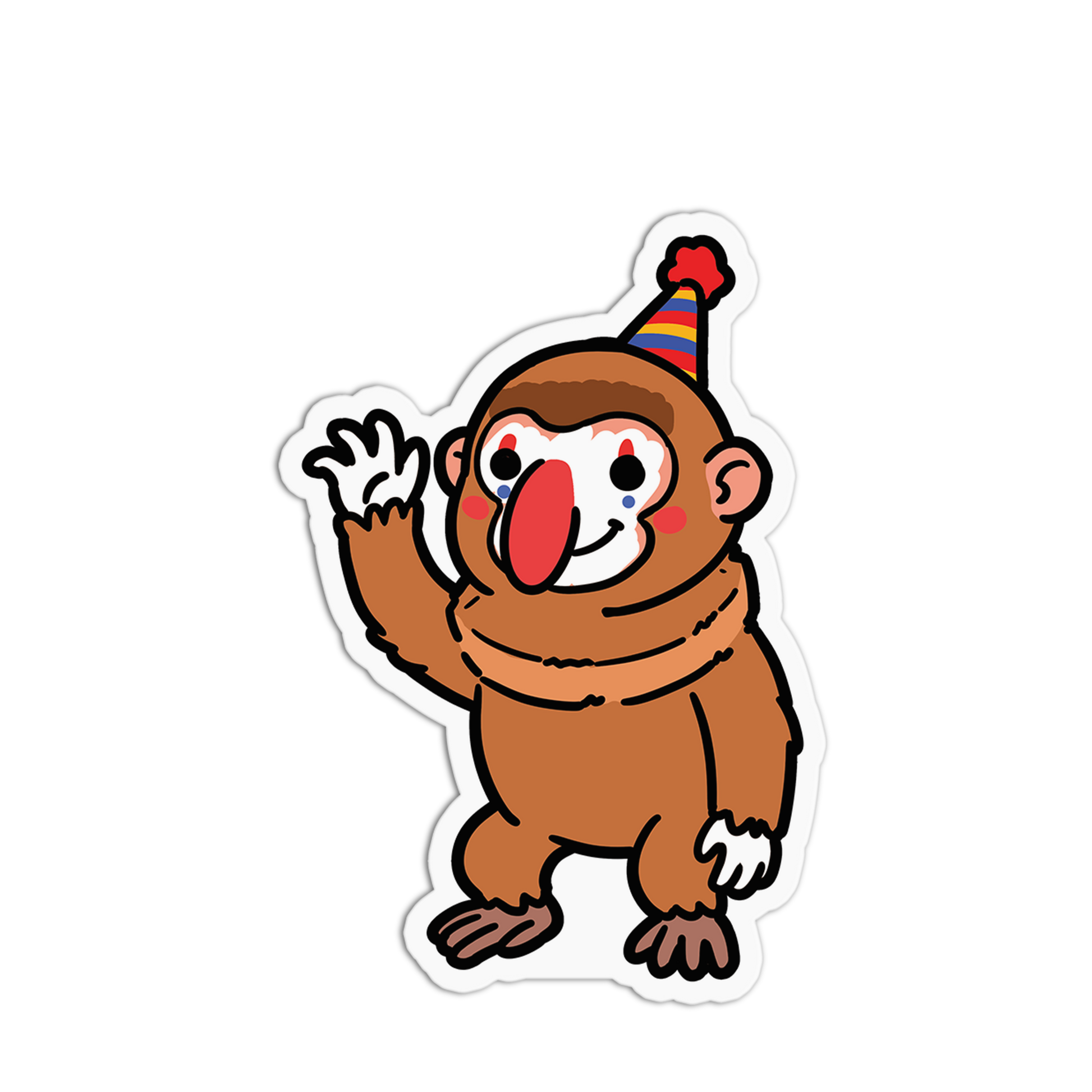 Cartoon monkey wearing a party hat on a white background
