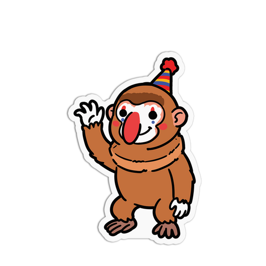 Cartoon monkey wearing a party hat on a white background