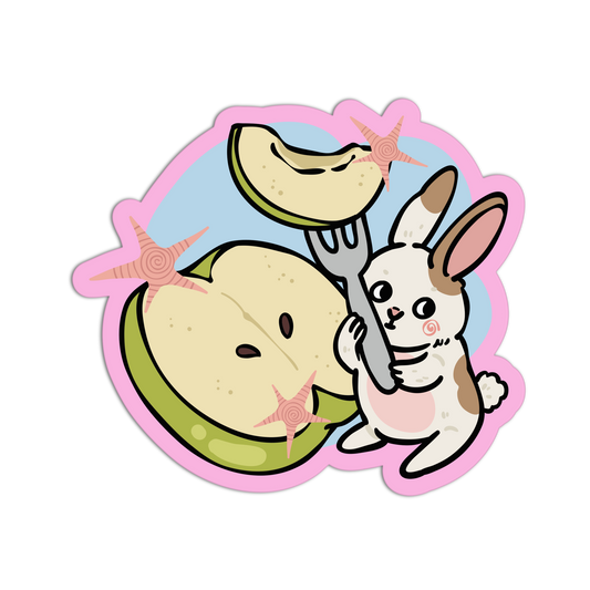 Cartoon rabbit holding a fork with a sliced watermelon on a pink border