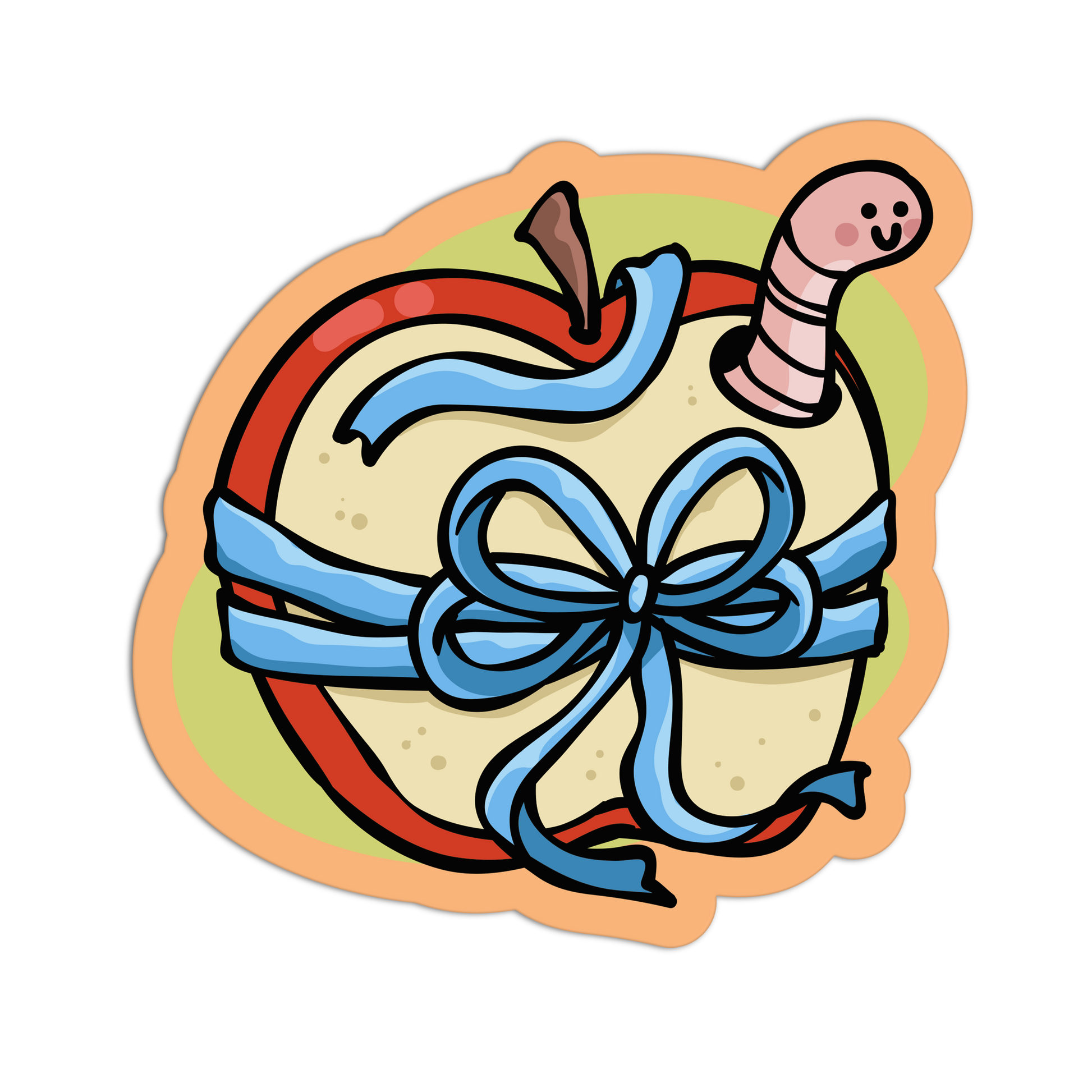Sticker with a cartoon worm on a piece of bread with a blue ribbon, on a white background.