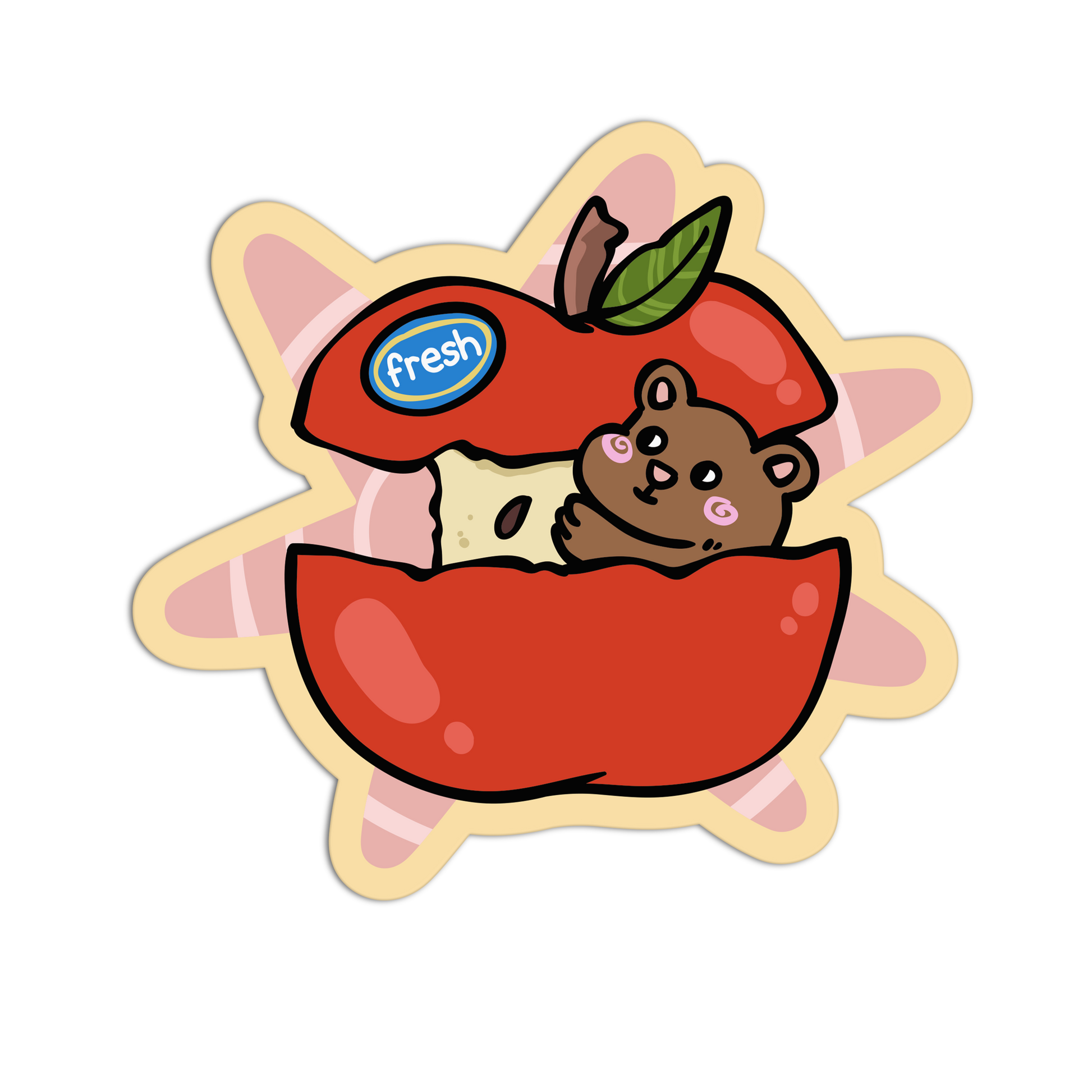 Sticker of a bear inside a red apple with a 'fresh' label on a white background