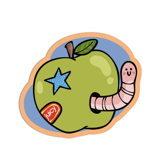 Illustration of a green apple with a star sticker, a worm, and a 'Juicy' label on a transparent background.